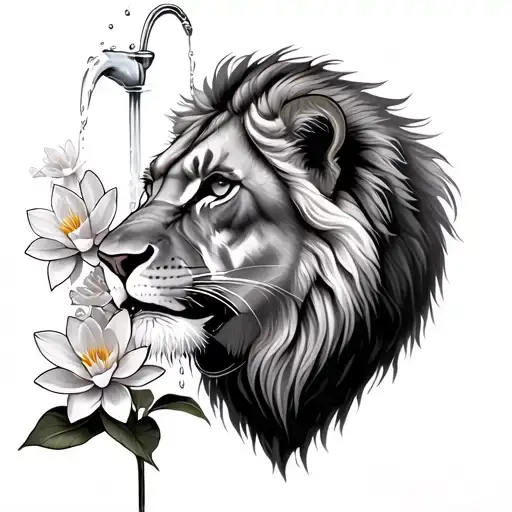 Lioness Drinking From Water Fountain Add Water Lilies And Orchids