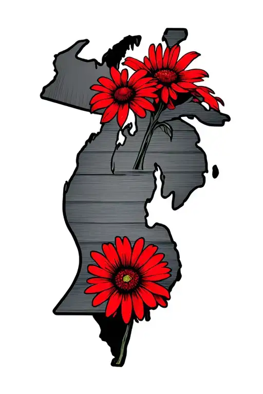 State Of Michigan Outine With Lake Michigan With Red Daisy