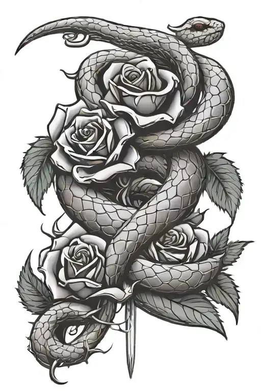 Snake Around A Sword With A Red Rose And Thorns