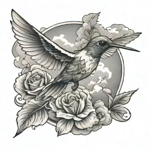 Cross With Clouds And A Hummingbird Flying Towards