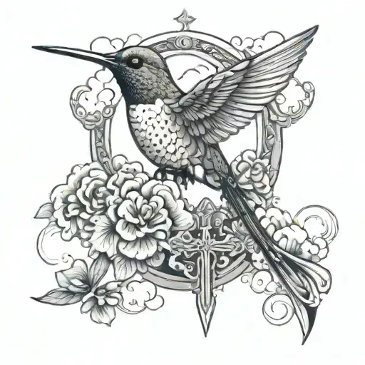 Cross With Clouds And A Hummingbird Flying Together