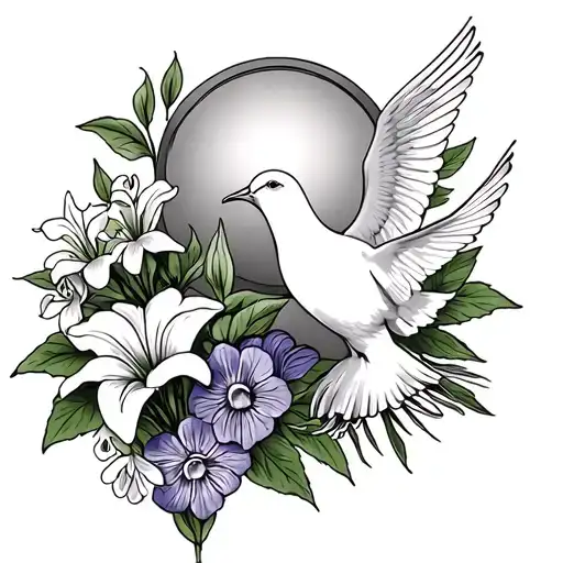 Memorial Tattoo For Mom With Lilly Of The Valley And Violet Flowers With A Dove And The Sun