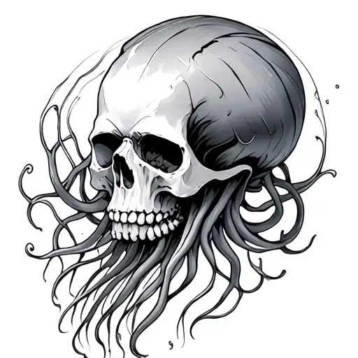 In The Center Of The Sketch Of The Gorgon Jellyfish Around The Naval World Of The Rosalka Skull