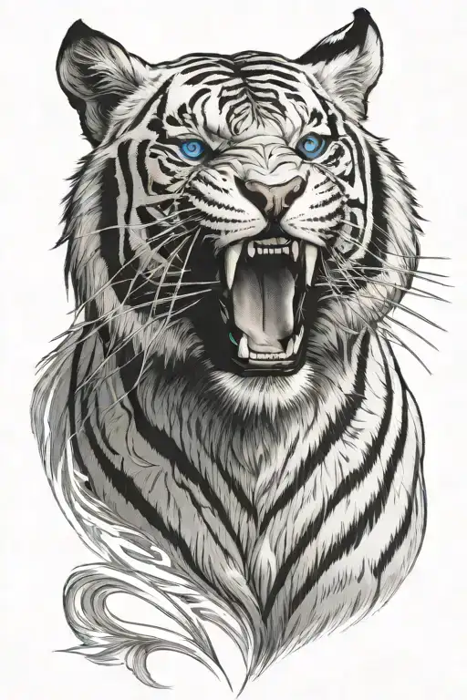 A White Tiger Roaring With Beaming Light Blue Eyes