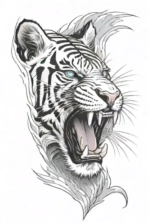 A White Tiger Roaring With Beaming Light Blue Eyes