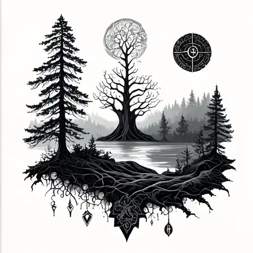 Nature Elements Like Trees And Magical Symbols