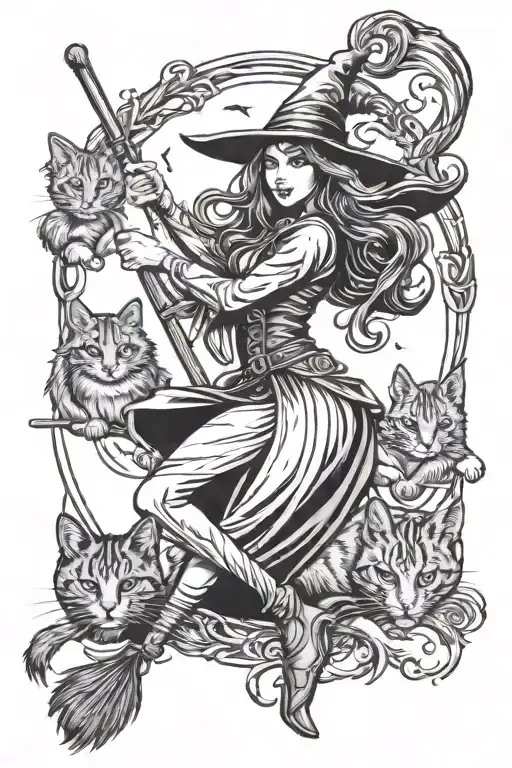 Witch With Two Cats And Broom