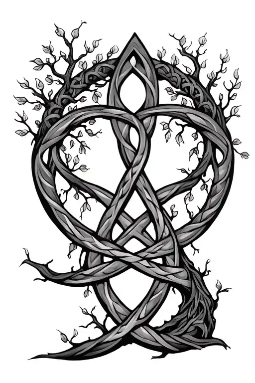 Line Art Celtic Trinity Knot Intertwined With Tree Of Life