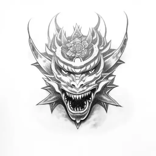 Oni Mask Dragon And Sakura Flower