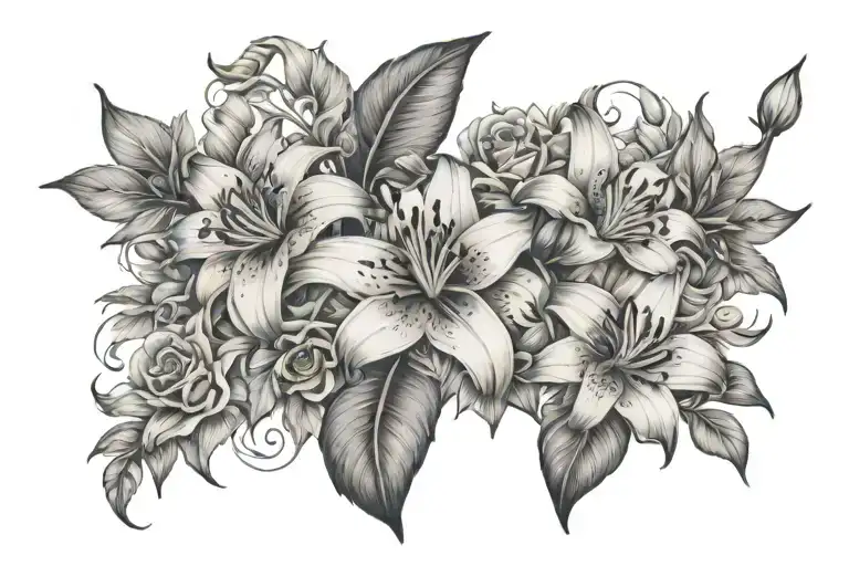 Tiger Lilies With Roses And Daisy And Sunflower Growing