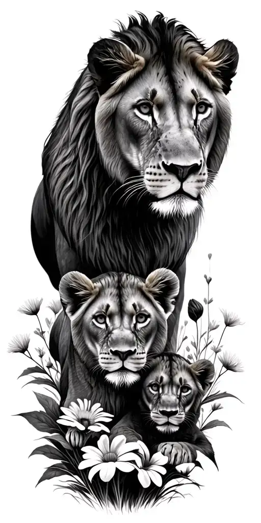 3 Lioness Protecting Her Cubs With Flowers Growing