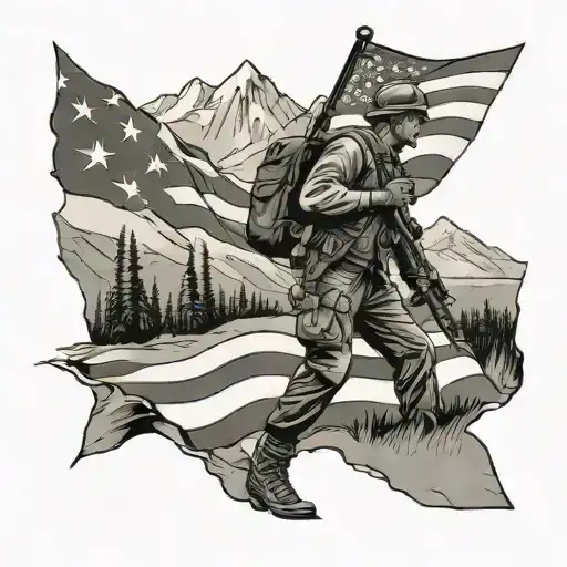 American Flag Background In The Mountains With A Lone Soldier