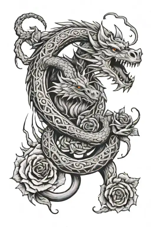 Ouroboros Dragon Coiling Around A Rose Intertwined