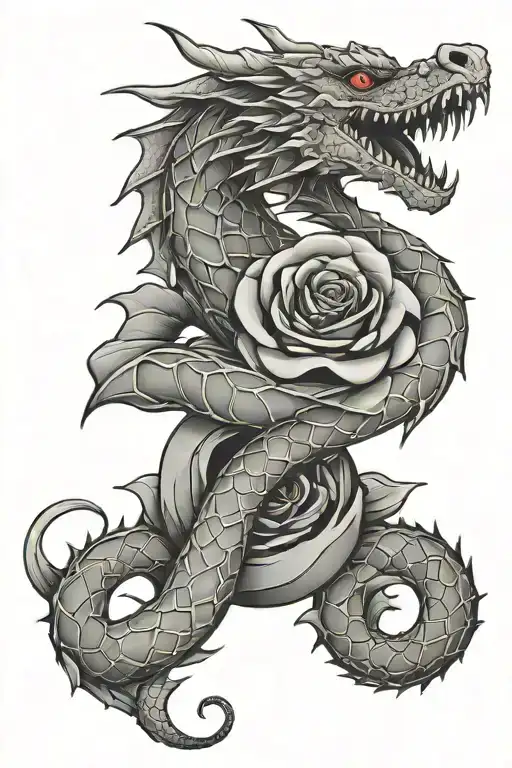 Ouroboros Dragon Biting His Tail Around A Rose