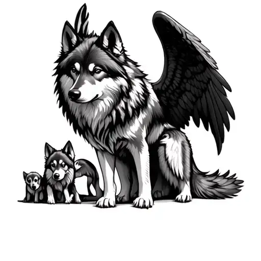 Mother Wolf With 3 Pups With One Pup With Wings Made