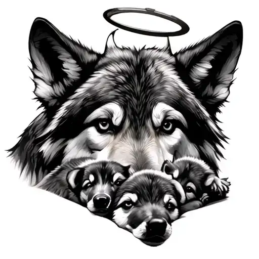 Mother Wolf With 3 Pups With Halo On One Of The Pups