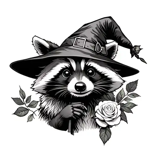 Raccoon Wearing A Witch's Hat And Holding A Rose