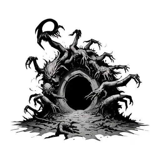 Creepy Demons Crawling Out Of Portal Opening In The Ground