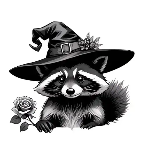 Raccoon Wearing A Witch's Hat And Holding A Rose