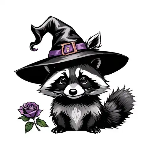 Raccoon Wearing A Witch's Hat And Holding A Rose
