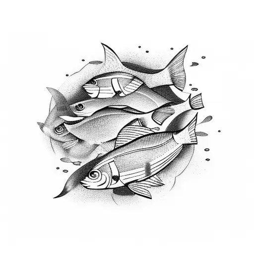 A School Of Colorful Fish Swimming In A Dotwork Ocean