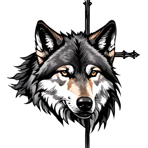 A Cross With Wolf Looking Forward