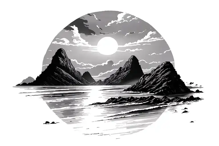 Beach Sunset With Low Mountains