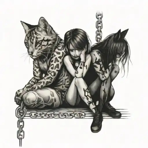 Two Girls Are Sitting Like Cats On A Chain And This Chain Is Held By A Guy