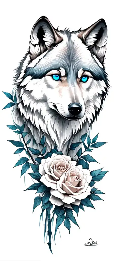 Blue Eyed Wolf Roses Bamboo Forest