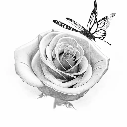 A Realistic Black And Grey Rose With Delicate Butterfly Wings