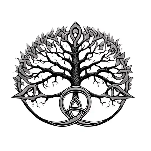 Black And Grey Small Celtic Tree Of Life With Trinity Knot Below