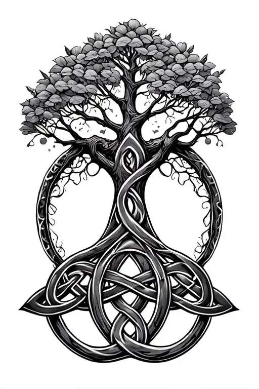 Black And Grey Small Celtic Tree Of Life With Trinity Knot Below