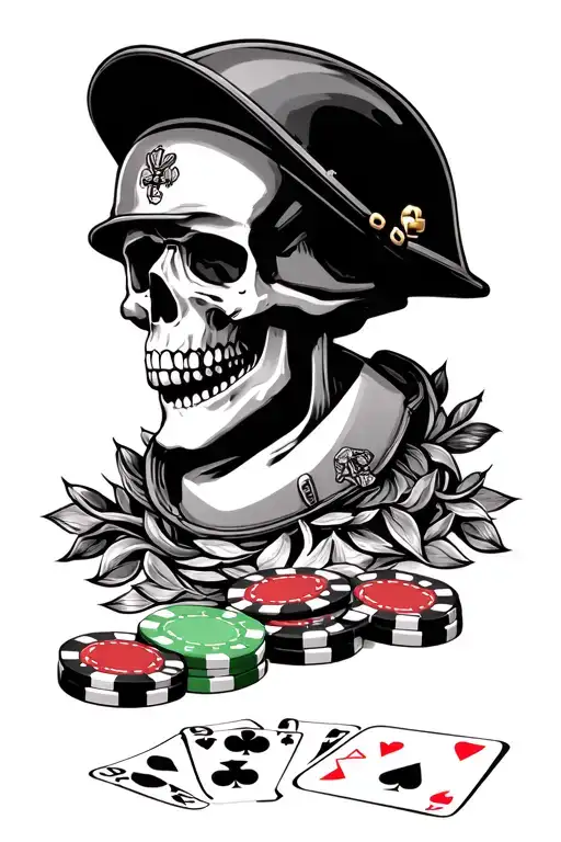Skull And Usmc Helmet And Poker Chips And Cards