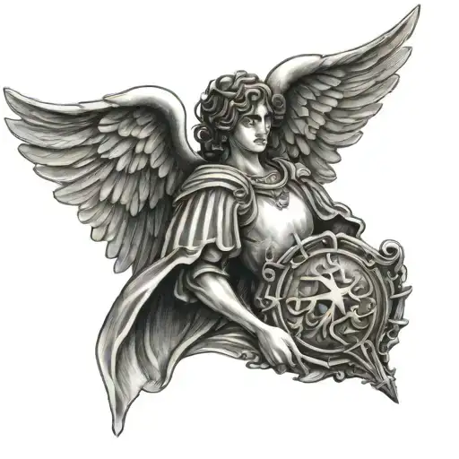 A Powerful Image Of An Archangel Holding A Badge Symbolizing Protection And Justice