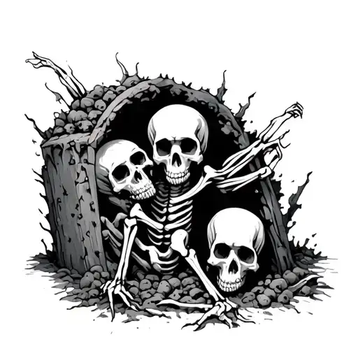 Skeleton Crawling Out Of Its Grave With A Lot Of Skulls Behind It