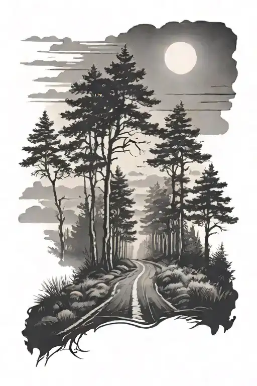 Open Road In The Dark Mist Forest Landscape