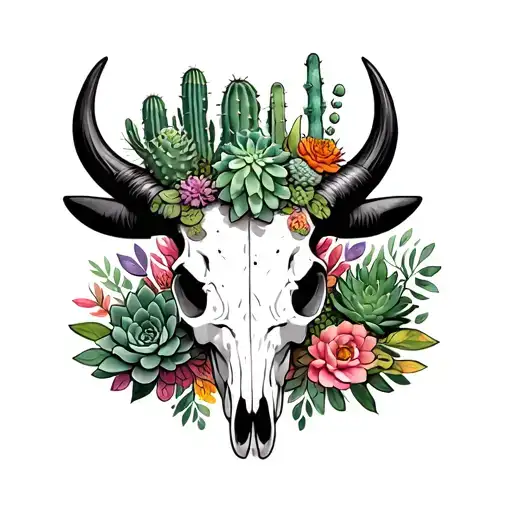 Bull Skull With Cactus And Succulents Arranged On Top Around The Horns