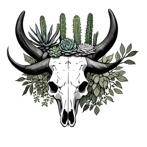Bull Skull With Cactus And Succulents Arranged On Top Around The Horns