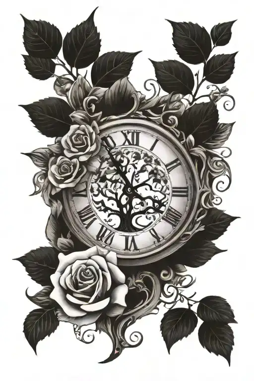 Tree Of Life Growing Around A Clock With Roses Growing