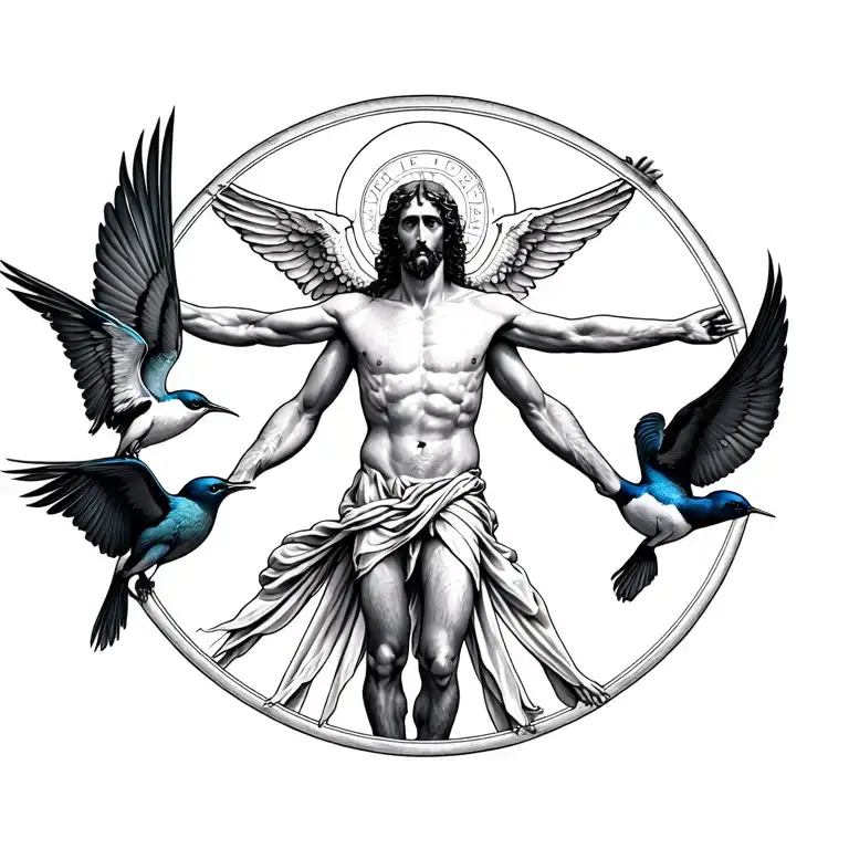 Vitruvian Man With Swallows Facing Each