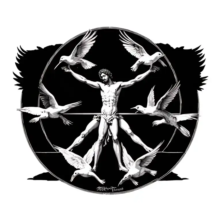 Vitruvian Man With Swallows Facing Each Simple And Bold