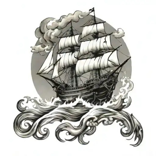 1700S Ship On Fire And Half Sunk