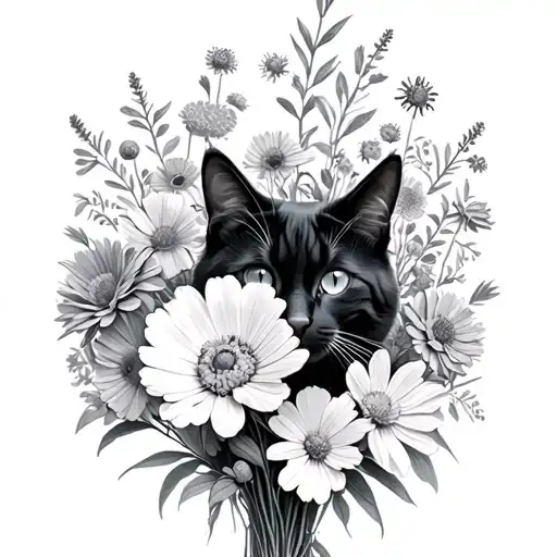 Bouquet Of Cosmos And Marigolds With Cat