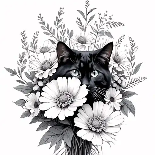 Bouquet Of Cosmos And Marigolds And Trailing Leaves With Cat