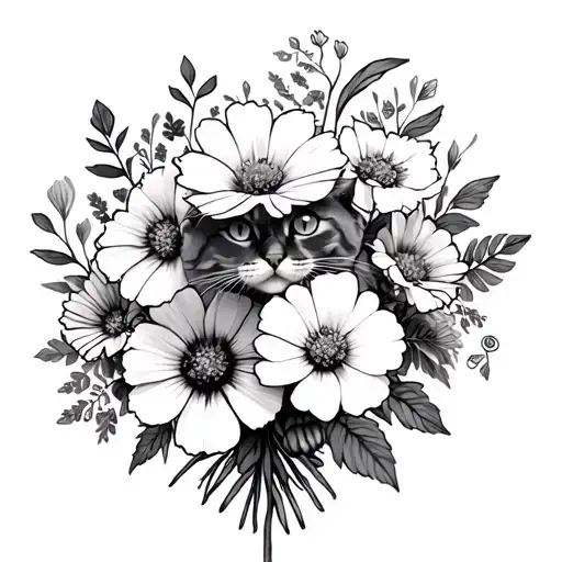 Bouquet Of Cosmos And Marigolds And Trailing Leaves With Cat