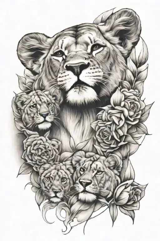 Realistic Lioness Tattoo With Vanilla Flower And Two Lion Cubs Below