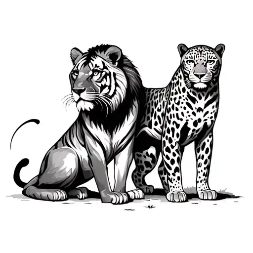 Tiger And Leopard Kneeling In Front Of Lion