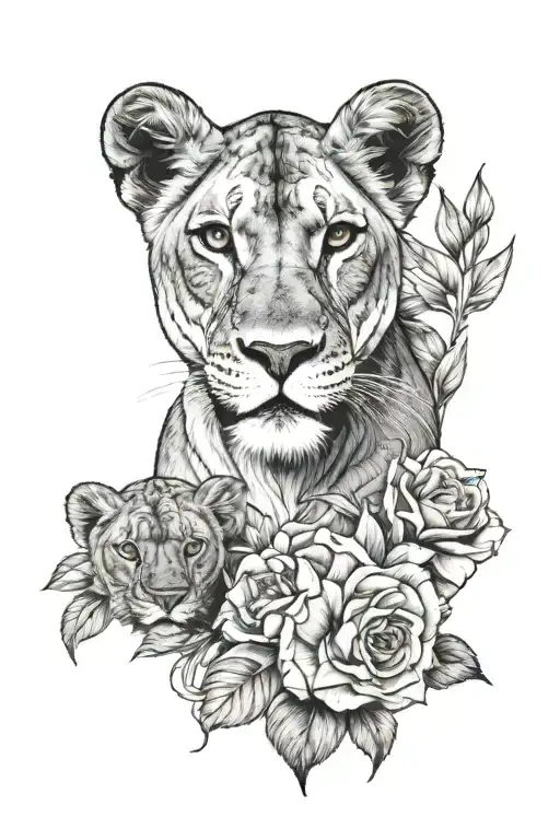 Realistic Lioness Tattoo With Vanilla Flower And Two Lion Cubs Below