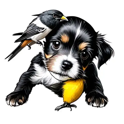 Small Dog Playing With A Bird With Yellow Belly Which Is Above The Dogs Head