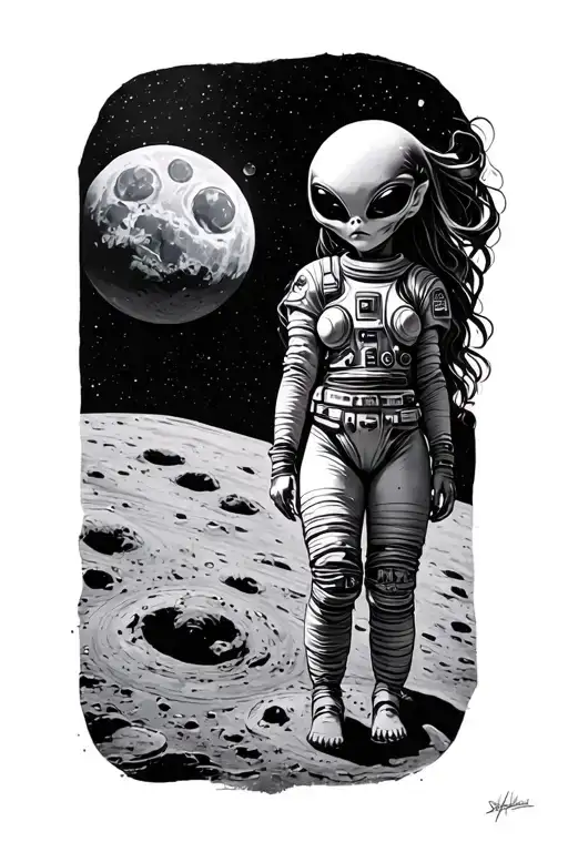 Space Girl On The Moon With An Alien